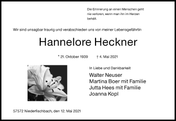 Traueranzeige von Hannelore Heckner von Siegener Zeitung