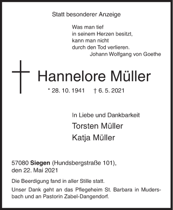 Traueranzeige von Hannelore Müller von Siegener Zeitung