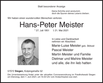Traueranzeige von Hans-Peter Meister von Siegener Zeitung