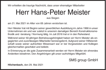 Traueranzeige von Hans-Peter Meister von Siegener Zeitung