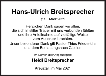 Traueranzeige von Hans-Ulrich Breitsprecher von Siegener Zeitung