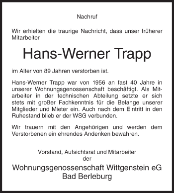Traueranzeige von Hans-Werner Trapp von Siegener Zeitung