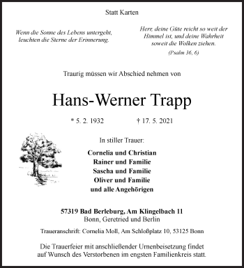 Traueranzeige von Hans-Werner Trapp von Siegener Zeitung