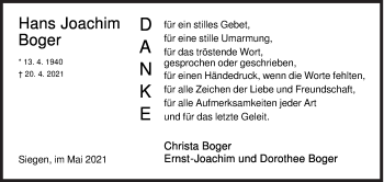 Traueranzeige von Hans Joachim Boger von Siegener Zeitung