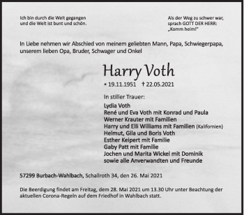 Traueranzeige von Harry Voth von Siegener Zeitung