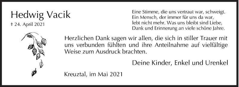  Traueranzeige für Hedwig Vacik vom 29.05.2021 aus Siegener Zeitung