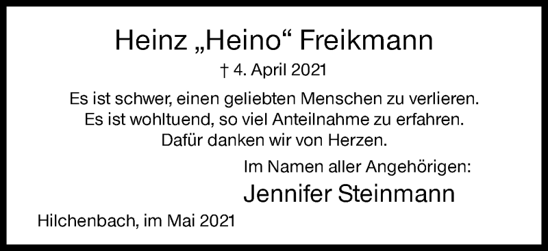  Traueranzeige für Heinz  Freikmann vom 12.05.2021 aus Siegener Zeitung