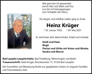 Traueranzeige von Heinz Krüger von Siegener Zeitung