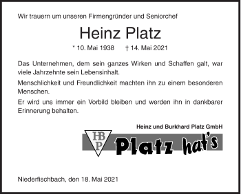 Traueranzeige von Heinz Platz von Siegener Zeitung