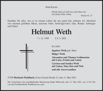Traueranzeige von Helmut Weth von Siegener Zeitung