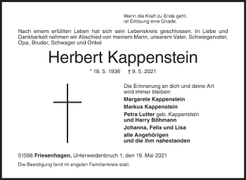 Traueranzeige von Herbert Kappenstein von Siegener Zeitung