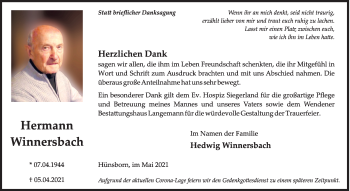 Traueranzeige von Hermann Winnersbach von Siegener Zeitung