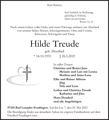 Traueranzeige von Hilde Treude von Siegener Zeitung