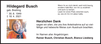 Traueranzeige von Hildegard Busch von Siegener Zeitung