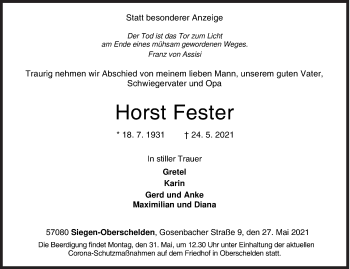 Traueranzeige von Horst Fester von Siegener Zeitung