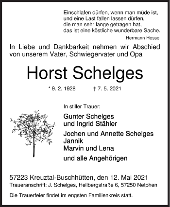 Traueranzeige von Horst Schelges von Siegener Zeitung