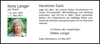 Traueranzeige von Ilona Langer von Siegener Zeitung