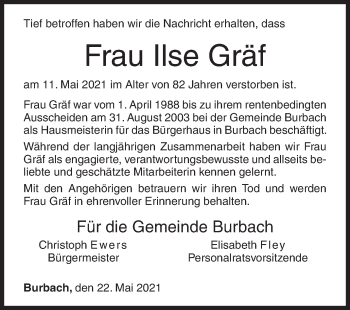 Traueranzeige von Ilse Gräf von Siegener Zeitung