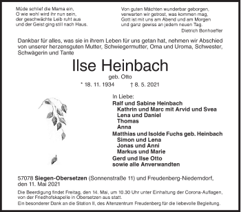 Traueranzeige von Ilse Heinbach von Siegener Zeitung