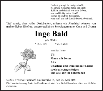 Traueranzeige von Inge Bald von Siegener Zeitung