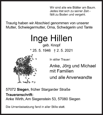 Traueranzeige von Inge Hillen von Siegener Zeitung