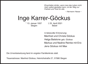 Traueranzeige von Inge Karrer-Göckus von Siegener Zeitung