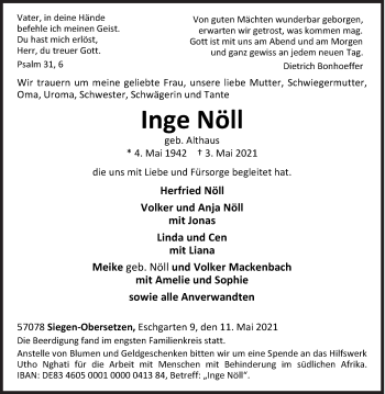 Traueranzeige von Inge Nöll von Siegener Zeitung