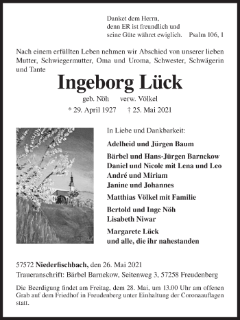 Traueranzeige von Ingeborg Lück von Siegener Zeitung