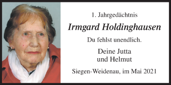 Traueranzeige von Irmgard Holdinghausen von Siegener Zeitung