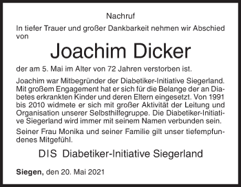 Traueranzeige von Joachim Dicker von Siegener Zeitung