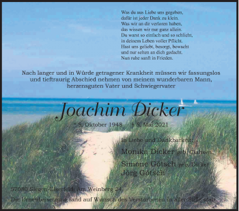 Traueranzeige von Joachim Dicker von Siegener Zeitung