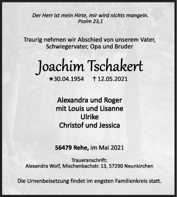 Traueranzeige von Joachim Tsckakert von Siegener Zeitung