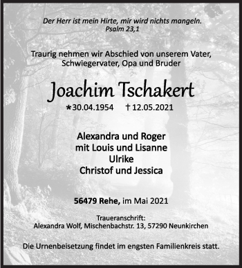 Traueranzeige von Joachim Tsckakert von Siegener Zeitung