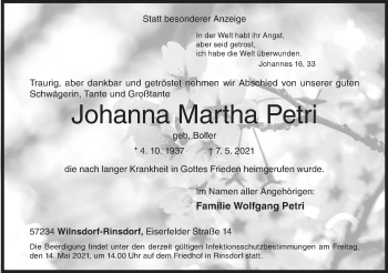 Traueranzeige von Johanna  Petri von Siegener Zeitung