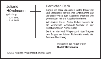 Traueranzeige von Juliane Hövelmann von Siegener Zeitung