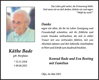 Traueranzeige von Käthe Bade von Siegener Zeitung