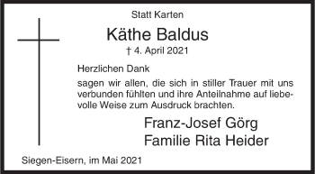 Traueranzeige von Käthe Baldus von Siegener Zeitung