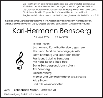 Traueranzeige von Karl-Hermann Bensberg von Siegener Zeitung
