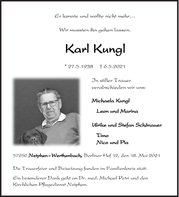 Traueranzeige von Karl Kungl von Siegener Zeitung