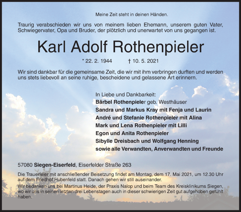  Traueranzeige für Karl Adolf Rothenpieler vom 15.05.2021 aus Siegener Zeitung