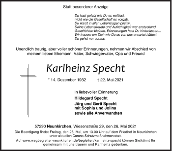 Traueranzeige von Karlheinz Specht von Siegener Zeitung