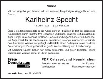 Traueranzeige von Karlheinz Specht von Siegener Zeitung