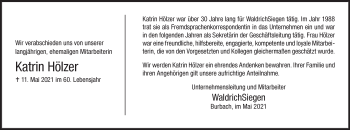 Traueranzeige von Katrin Hölzer von Siegener Zeitung