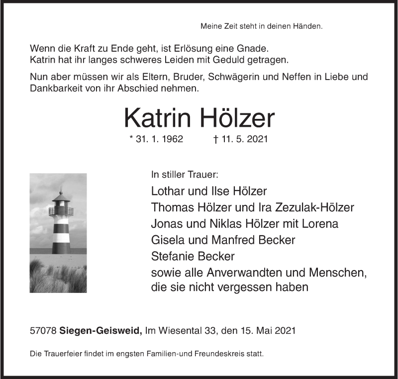  Traueranzeige für Katrin Hölzer vom 15.05.2021 aus Siegener Zeitung