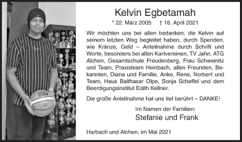Traueranzeige von Kelvin Egbetamah von Siegener Zeitung