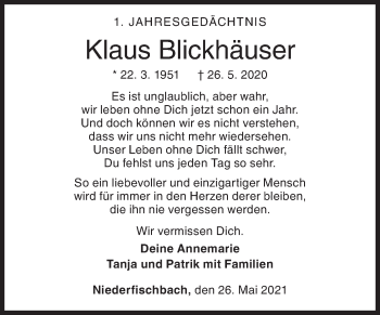 Traueranzeige von Klaus Blickhäuser von Siegener Zeitung
