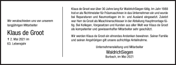 Traueranzeige von Klaus de Groot von Siegener Zeitung