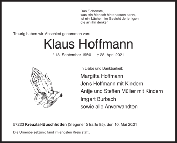 Traueranzeige von Klaus Hoffmann von Siegener Zeitung