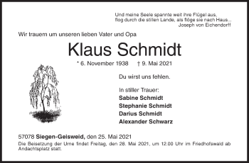 Traueranzeige von Klaus Schmidt von Siegener Zeitung