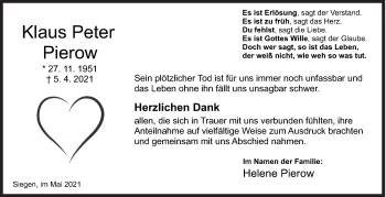 Traueranzeige von Klaus Peter Pierow von Siegener Zeitung
